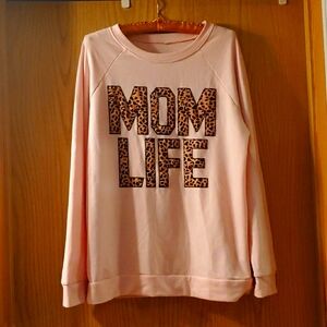 Mom Life Pull Over Sweater; Pastel Pink & Leopard Print; Medium